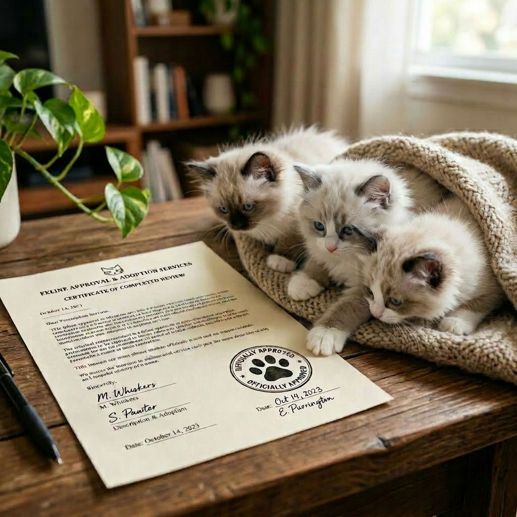 Sleeping tabby kitten wrapped in blanket next to signed feline adoption certificate